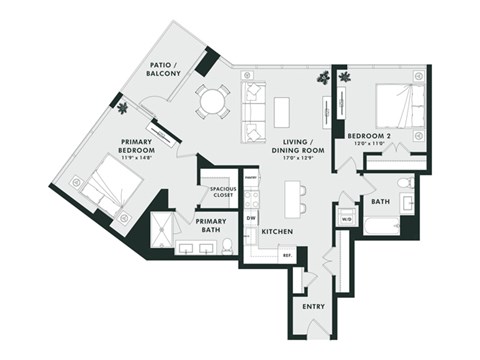 A black and white floor plan of a house with a living room, dining room, kitchen, two bathrooms, a patio, and a balcony.